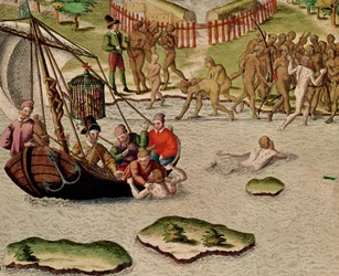 The French Vessel Lands and an Unsuccessful Attempt is Made to Exchange Prisoners, from Americae Tertia Pars, 1592